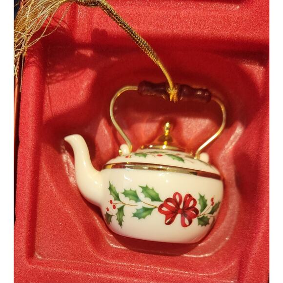 Lenox Holiday Tea Kettle Ornaments Set of 2 Holly Ribbon Gold Trim w/ Boxes - Picture 5 of 9